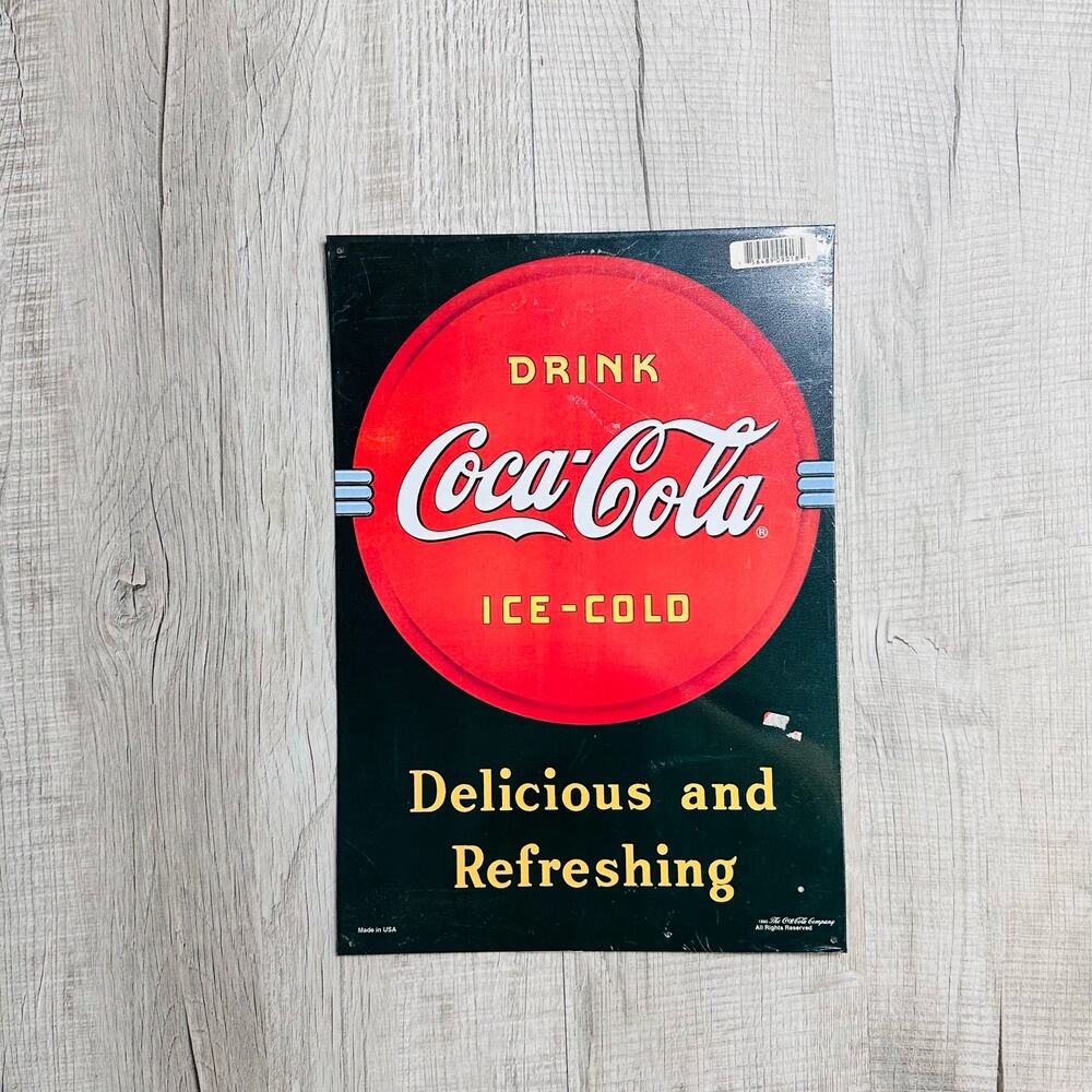 The Coca Cola Co. Coke Metal Sign Delicious And Refreshing 16" x 11" 1990 USA
